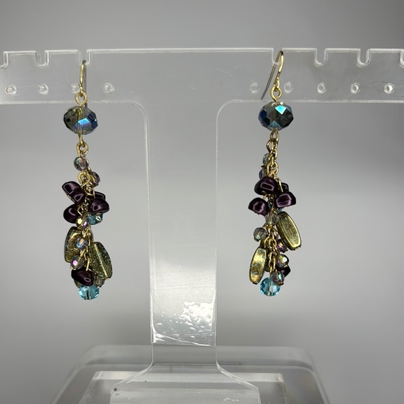 Purple and Gold Dangle Earrings with Cascading Beads - Picture 1 of 4